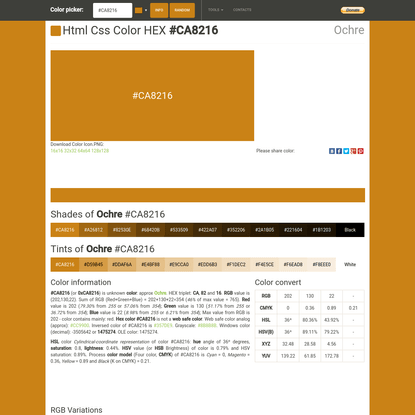 HEX color #CA8216, Color name: Ochre, RGB(202,130,22), Windows: 1475274. - HTML CSS Color
