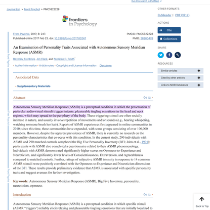 An Examination of Personality Traits Associated with Autonomous Sensory Meridian Response (ASMR)
