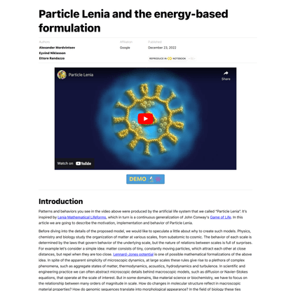 Particle Lenia and the energy-based formulation
