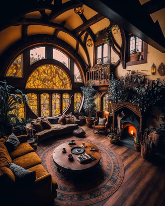Ben Myhre on Instagram: “Hufflepuff Rooms 🦡🌿☀️✨️ Heavily inspired by Hobbits 🦶🌳
.
.
.
Conjured using a blend of Midjourney A...