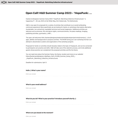 Open Call! H&amp;D Summer Camp 2023 - ‘HopePunk: Reknitting Collective Infrastructures’ - Forms - NextCloud