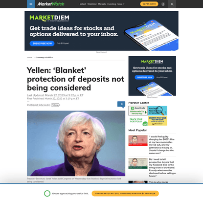 Yellen: 'Blanket' protection of deposits not being considered - MarketWatch