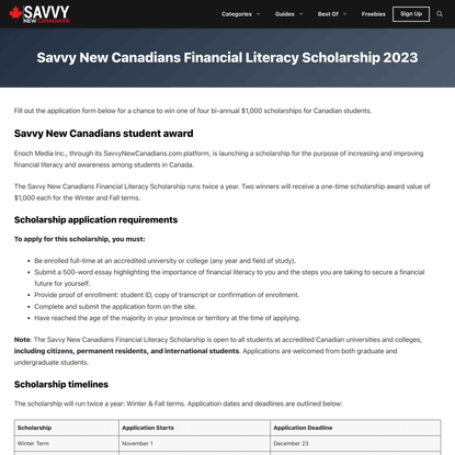 Savvy New Canadians Financial Literacy Scholarship 2023