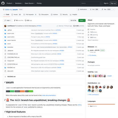 GitHub - tokio-rs/axum: Ergonomic and modular web framework built with Tokio, Tower, and Hyper