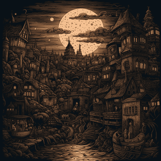80s heavy metal album cover, Atmospheric cityscape, in the style of Brazilian cordel literature woodcut prints, with a touch of magical realism --v 5