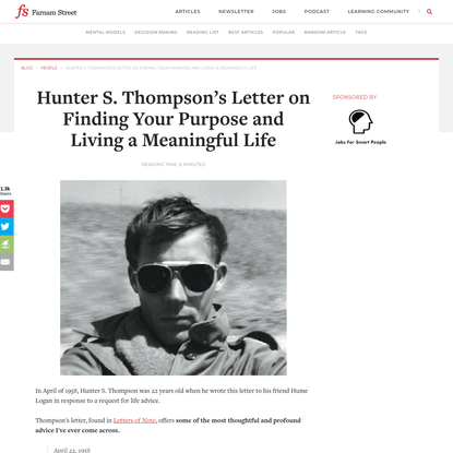 Hunter S. Thompson's Letter on Finding Your Purpose and Living a Meaningful Life
