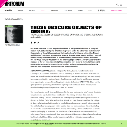 THE USES AND ABUSES OF OBJECT-ORIENTED ONTOLOGY AND SPECULATIVE REALISM Andrew Cole