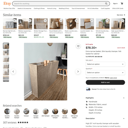 Extra Narrow Basket. Slim Laundry Hamper. Felt Basket for - Etsy