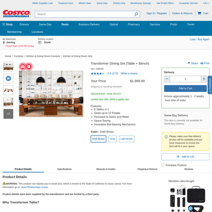 Transformer Dining Set (Table + Bench) | Costco