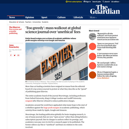 ‘Too greedy’: mass walkout at global science journal over ‘unethical’ fees | Peer review and scientific publishing | The Guardian