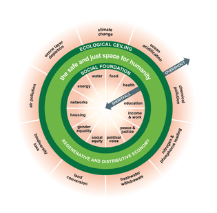 The classic image of the Doughnut [Economic Model]; the extent to which boundaries are transgressed and social foundations are met are not visible on this diagram