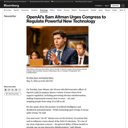 OpenAI’s Sam Altman Urges Congress to Regulate Powerful New Technology