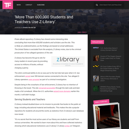 ‘More Than 600,000 Students and Teachers Use Z-Library’ * TorrentFreak