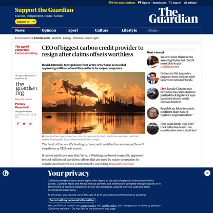 CEO of biggest carbon credit provider to resign after claims offsets worthless