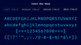 Specimen of Intel One Mono Typeface in cyan on blye background with title name on top in white. 
Below weights in grey: Light Italic Regular Italic Medium Italic Bold Italic.