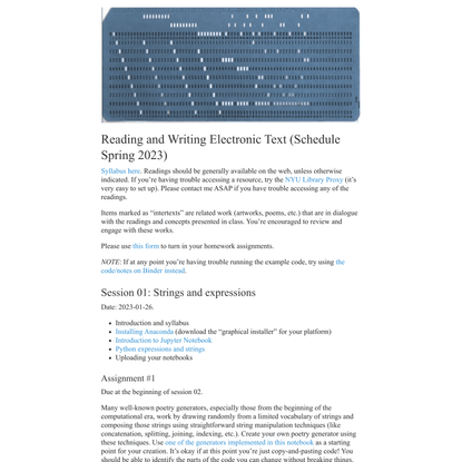 Reading and Writing Electronic Text (Schedule Spring 2023)