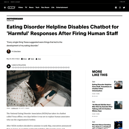 Eating Disorder Helpline Disables Chatbot for ‘Harmful’ Responses After Firing Human Staff