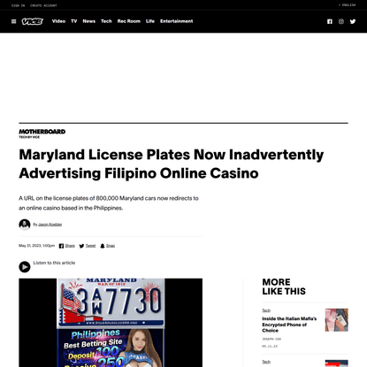 Maryland License Plates Now Inadvertently Advertising Filipino Online Casino