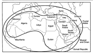 map of Arabsat satellite coverage as it existed in 1985 (until 1993)
