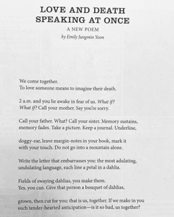 "Love and Death in Speaking at Once" by Emily Jungmin Yoon