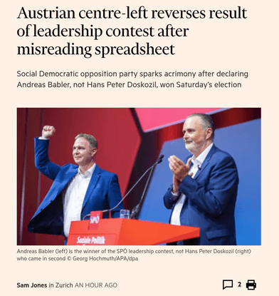Austrian centre-left reverses result of leadership contest after misreading spreadsheet 