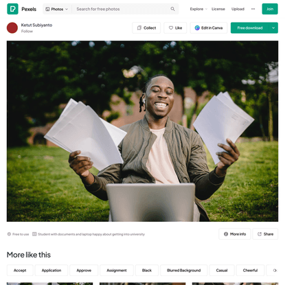 Student with documents and laptop happy about getting into university · Free Stock Photo