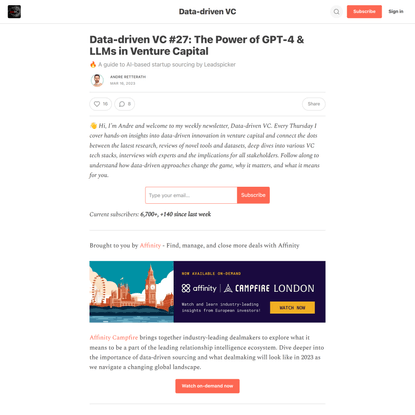 Data-driven VC #27: The Power of GPT-4 &amp; LLMs in Venture Capital