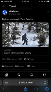 Bigfoot Warning in Taos County