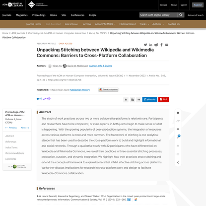 Unpacking Stitching between Wikipedia and Wikimedia Commons: Barriers to Cross-Platform Collaboration | Proceedings of the A...