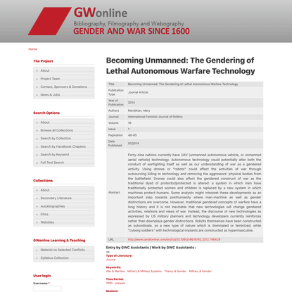 Becoming Unmanned: The Gendering of Lethal Autonomous Warfare Technology | Gender and War since 1600