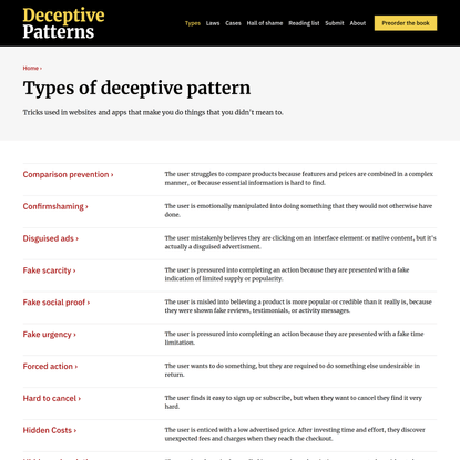 Deceptive Patterns - Types of Deceptive Pattern