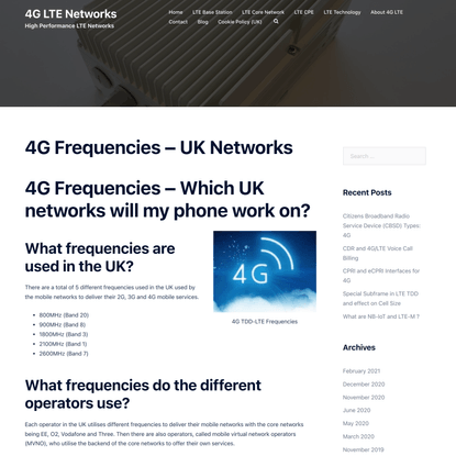 4G Frequencies - UK Networks - 4G LTE Networks