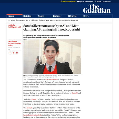 Sarah Silverman sues OpenAI and Meta claiming AI training infringed copyright