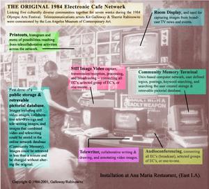 At each node, innovative systems were installed that extended and combined available technological tools to suit community needs. Visitors could annotate still video images, draw or write together in any language with an electronic writing tablet, share their screen to collaborate with visitors at other sites, print hard-copy pictures, and send and receive slow-scan video images.

All of this visual output could be stored or retrieved on Community Memory’s videodisc recorder, which held 20,000 images.

via Rhizome's Net Art Anthology
https://anthology.rhizome.org/mobile-image