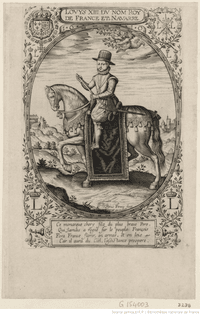 Portrait de Louis XIII, à cheval, coiffé d'un chapeau rond : [estampe] 