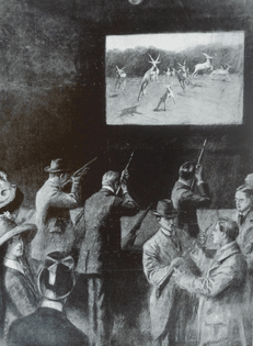 [A black and white illustration of men aiming guns at horses on a movie projector.]
