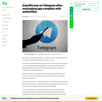 Iraq lifts ban on Telegram after messaging app complies with authorities | TechCrunch