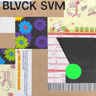 A hand-assembled collage on the interior of a flat envelope, with scraps arranged on a 6x6 grid: strips of light cream paper with Hello Kitty and other cartoon characters, a bold Lisa Frank flower pattern, a USPS shipping label, and a green sticker. In the top left corner is the name "BLVCK SVM", in vinyl lettering.