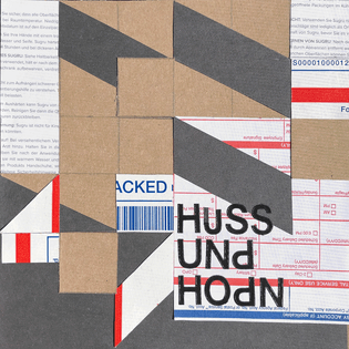 A 6x6 inch collage of various strips of paper and USPS envelopes in white, blue, red, and black. Vinyl lettering in the lower right corner reads "Huss und Hodn".