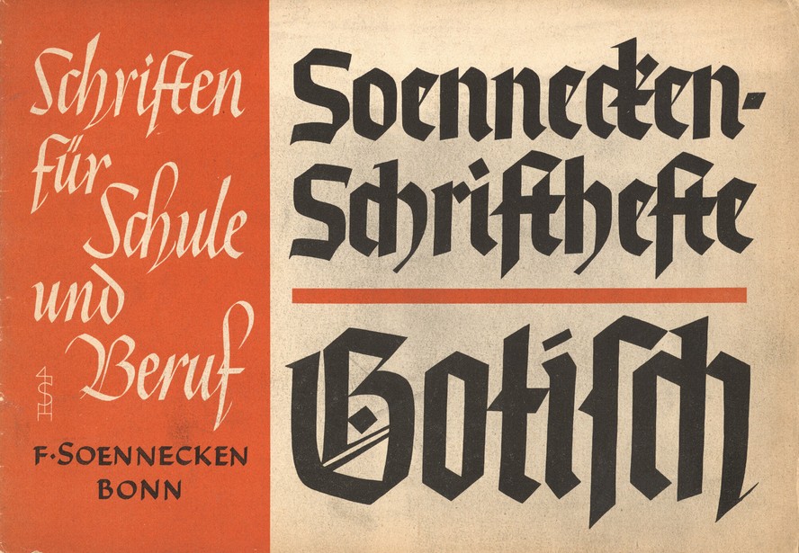 Type specimen on book cover, by author  Prof. Hans Schreiber | Entwurf und textliche Gestaltung.
First third with red background and white text title: "Schriften Für Schule und Beruf". Below in black text, name of the publisher: "F.SOENNECKEN BONN"
The rest 2/3, with paper color background (slightly pink) with gothic black text: "Soennecken-Schrifthefte: Gotisch" 