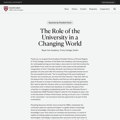 The Role of the University in a Changing World - Harvard University President