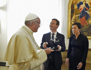 Pope Francis meets with Facebook founder Mark Zuckerberg and his wife Priscilla Chan at the Vatican.