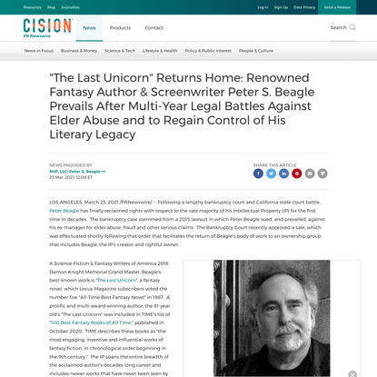 "The Last Unicorn" Returns Home: Renowned Fantasy Author & Screenwriter Peter S. Beagle Prevails After Multi-Year Legal Battles Against Elder Abuse and to Regain Control of His Literary Legacy