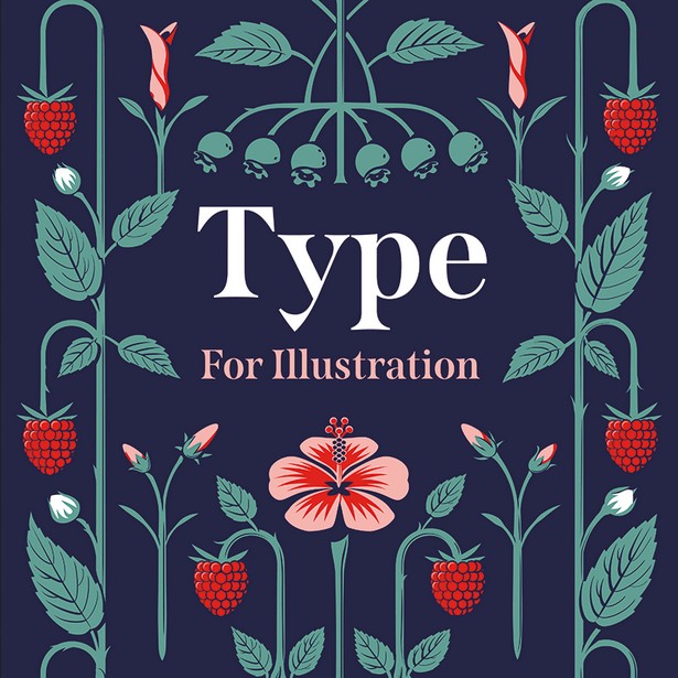 On blue background strawberries coming from medium green branches with buds and leaves. Mixed with hibiscus flower in center bottom and two buds on top accompanied in the top center with green buds and leaves.
In the center, white big title "Type" with small pink subtitle "for illustration".