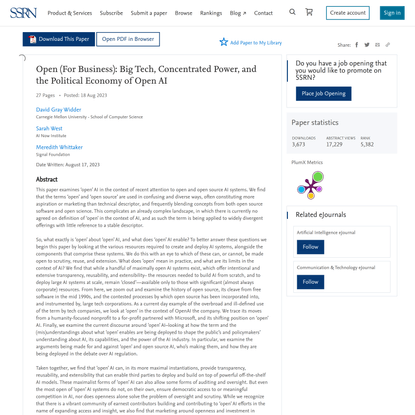 Open (For Business): Big Tech, Concentrated Power, and the Political Economy of Open AI by David Gray Widder, Sarah West, Meredith Whittaker :: SSRN