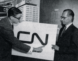 Designer Allan Fleming and CN director of communications Charles Harris at the launch of the CN logo at Montreal in 1960.