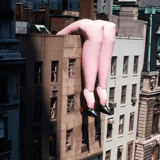 ‘Della (Waiting)' 50-foot inflatable, suspended over the roof of the Museum of Contemporary Crafts, Ann Slavit, New York City, 1978.