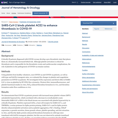 SARS-CoV-2 binds platelet ACE2 to enhance thrombosis in COVID-19 - Journal of Hematology &amp; Oncology