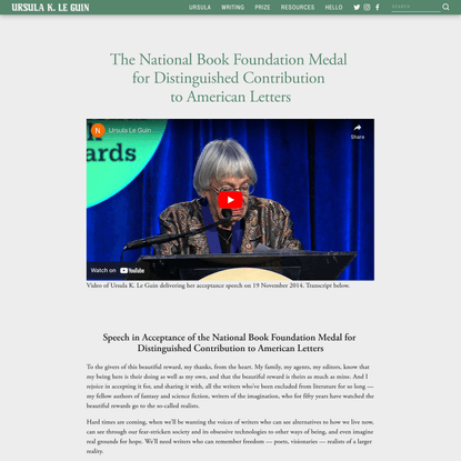 Ursula K. Le Guin — National Book Foundation Medal: Ursula’s Acceptance Speech