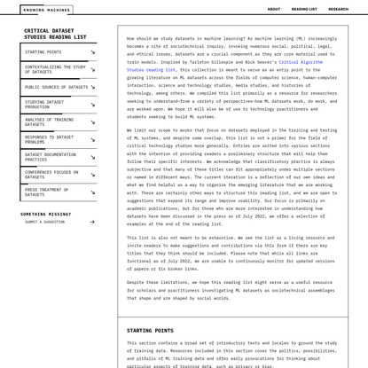 Critical Dataset Studies Reading List